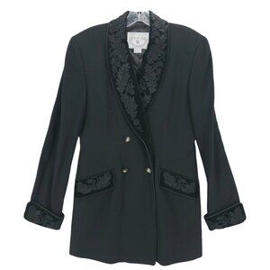 WATHNE Vintage Blazer Wool Black Velvet Leaf Trim Size 8